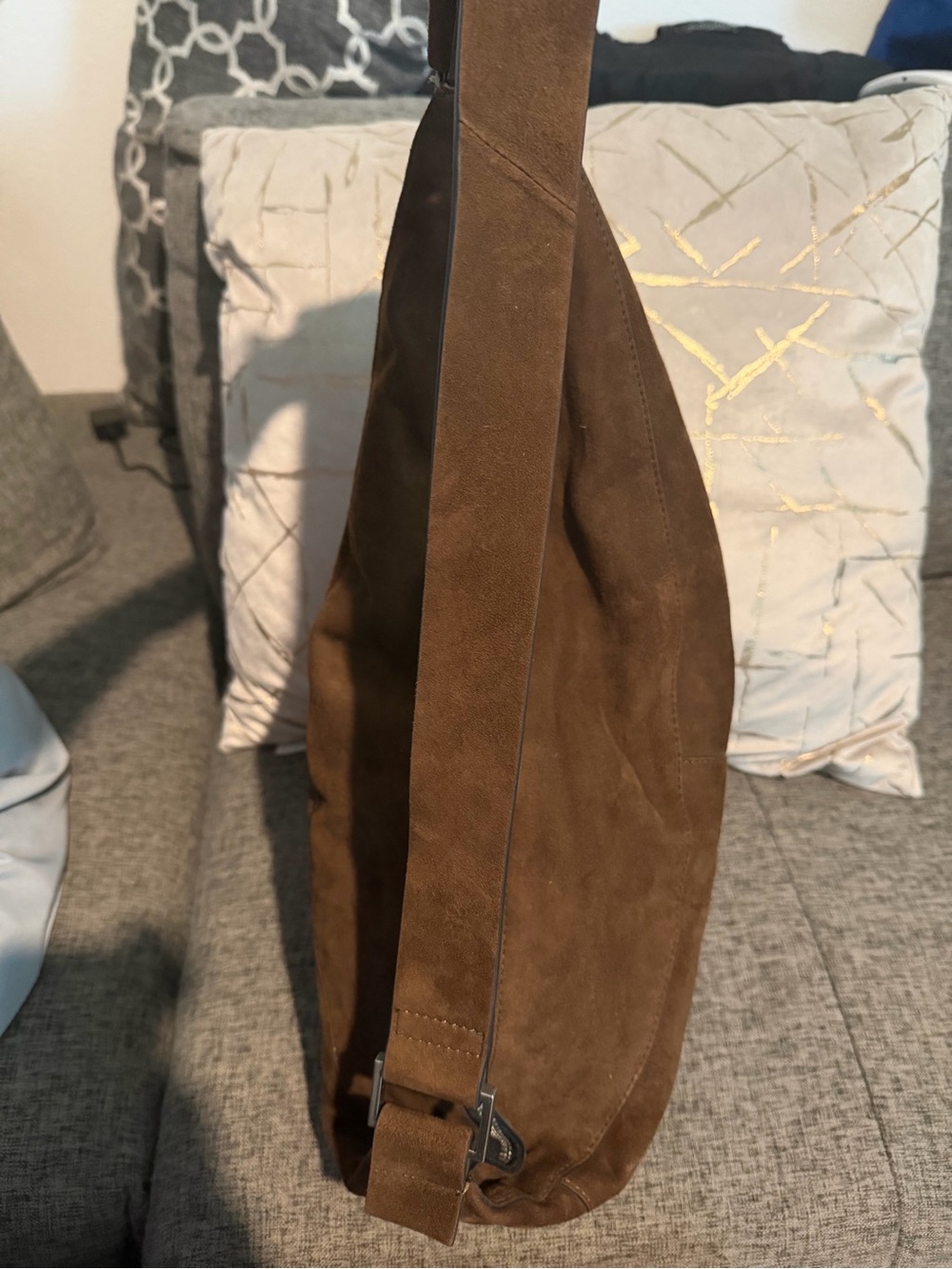 AllSaints Luna Suede Shoulder Bag Fango Brown - Picture 9 of 12
